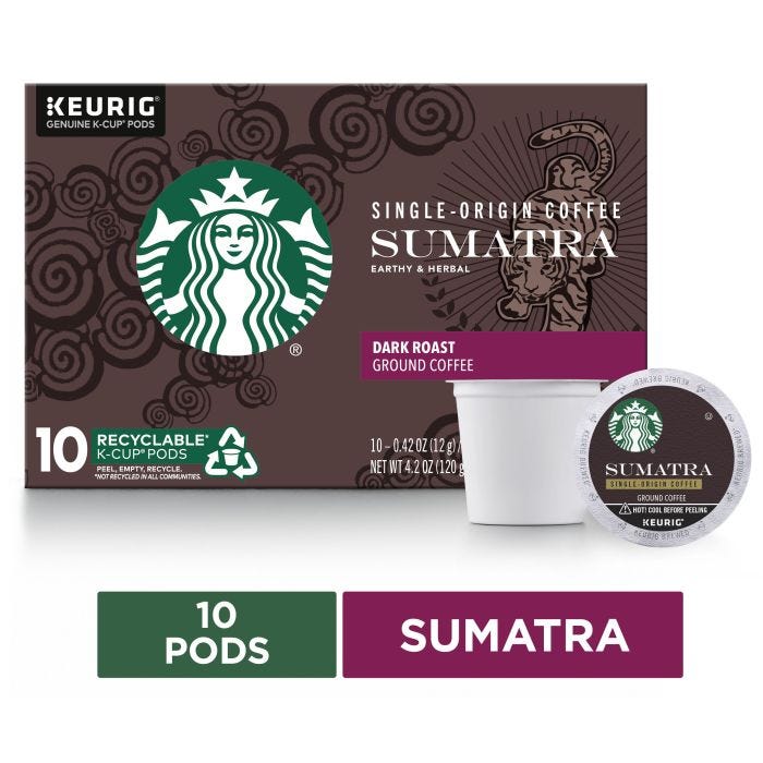 Starbucks, K Cup Pods Single Origin Dark Roast Ground Sumatra Coffee 10  Pods, 6x4.2Oz