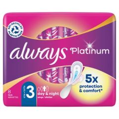 Always Platinum Day & Night (Size 3) Sanitary Towels With Wings, 8x8ct